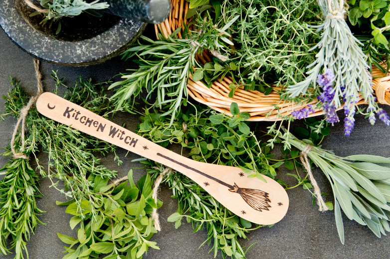 Kitchen Witch - wooden spoon, with fresh herbs and basket