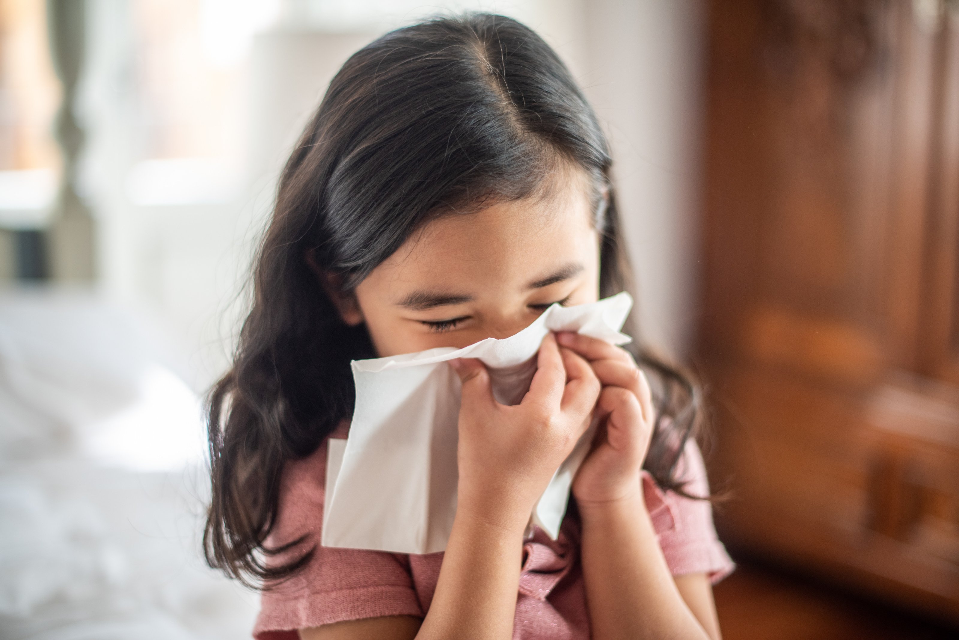 Little Girl Blowing Her Nose with a Tissue