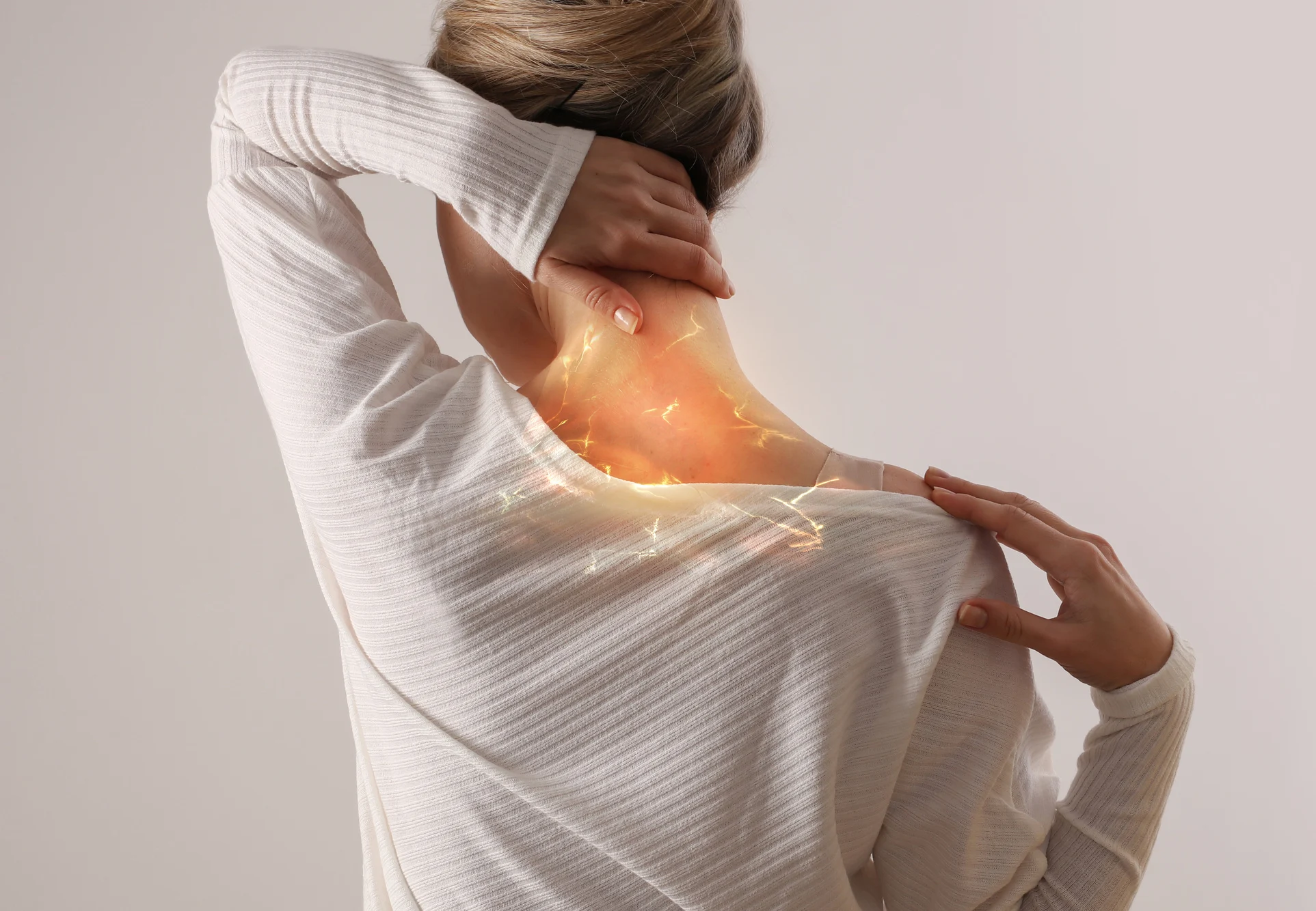 Woman suffering from back and neck pain. Chiropractic, Physiotherapy concept