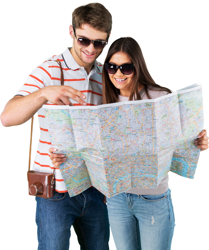 Young Couple Traveling with Map in Hands