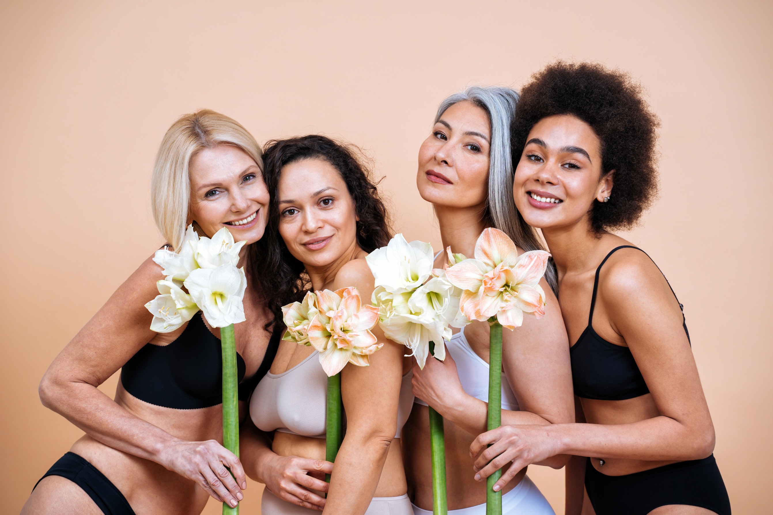 Beauty image of a group of women with different age, skin and bo